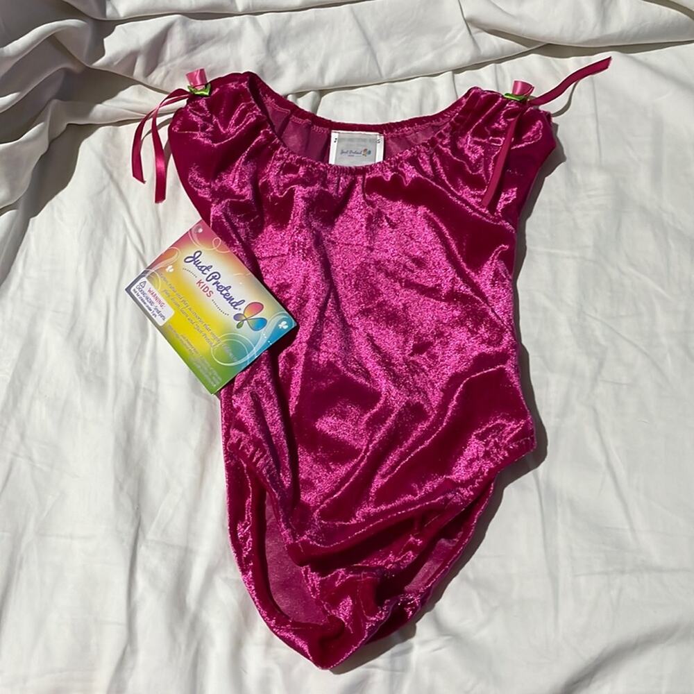 Just Pretend Kids S 2/3 hot pink velvet cap sleeve leotard rose bud shoulder nwt